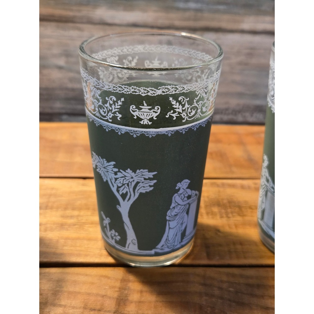 Vintage MCM Wedgewood Greek Hellenic Apollo Green Frosted Tumblers Glassware - Picture 7 of 11
